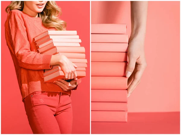 Collage with living coral books and elegant girl with books. Pantone color of the year 2019 concept — Stock Photo