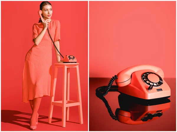 Collage with fashionable woman and vintage rotary telephone on living coral background — Stock Photo