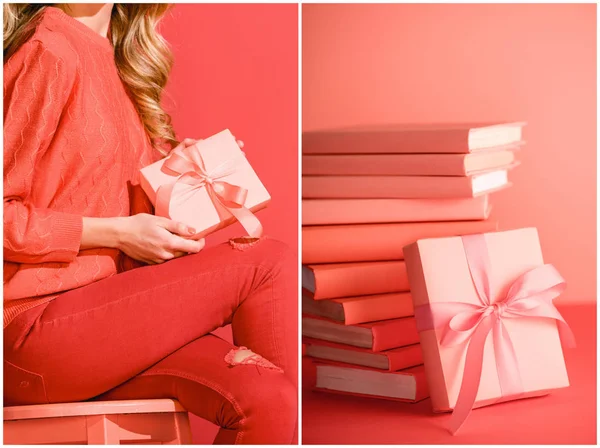 Collage with living coral books and elegant girl with gift. Pantone color of the year 2019 concept — Stock Photo