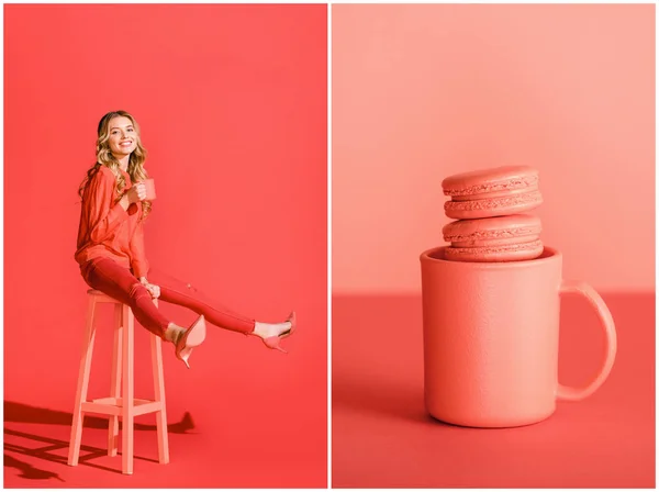 Collage avec des macarons en tasse et fille souriante avec café sur corail vivant. Couleur Pantone de l'année 2019 concept — Photo de stock