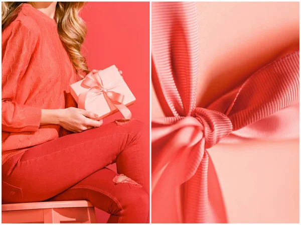 Collage con lazo en el presente y chica elegante con regalo de cumpleaños. Pantone color del año 2019 concepto - foto de stock