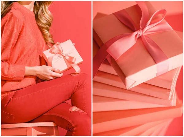 Collage with living coral books and elegant girl with present. Pantone color of the year 2019 concept — Stock Photo