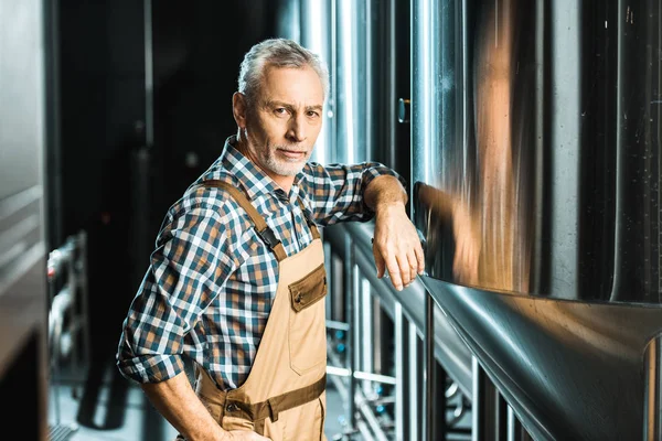 Profissional cervejeiro sênior masculino em pé na cervejaria — Fotografia de Stock