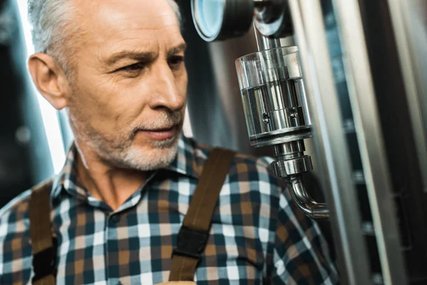 Senior male brewer looking at brewery equipment — Stock Photo