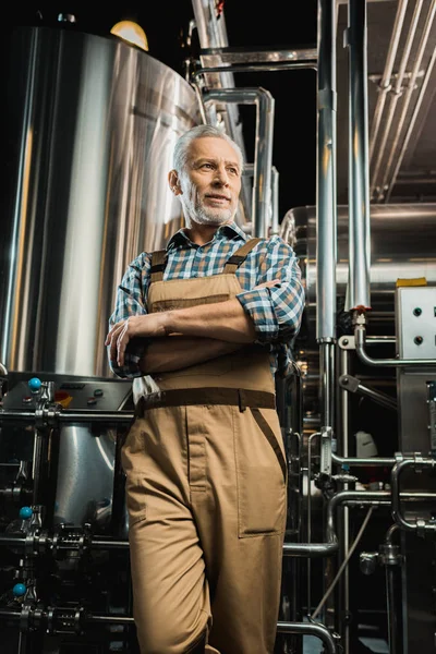 Brewer posing with crossed arms in working overalls in brewery — Stock Photo