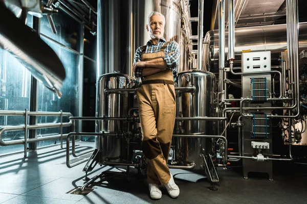 Brewer posing with crossed arms in working overalls in brewery — Stock Photo