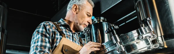 Professional senior owner working with brewery equipment — Stock Photo