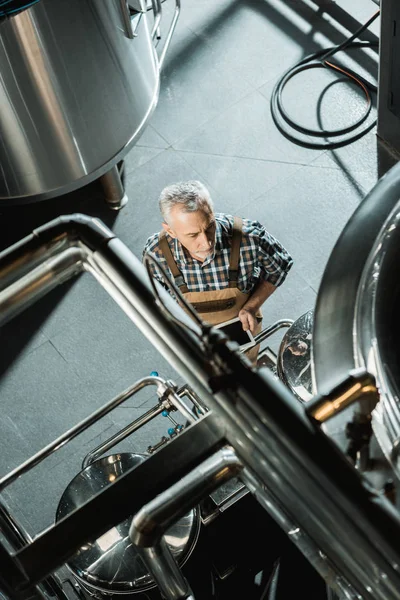 Visão aérea do cervejeiro sênior masculino usando dispositivo digital na cervejaria — Fotografia de Stock