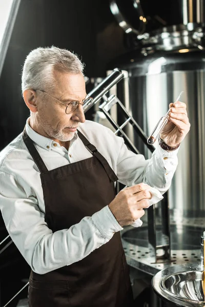 Професійний пивовар, що вивчає пиво в трубці в пивоварні — стокове фото