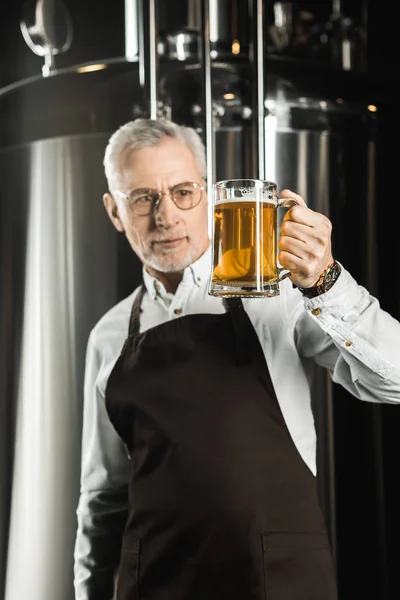 Senior brewer looking at glass of beer in brewery — Stock Photo