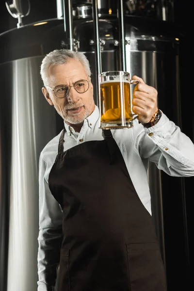 Professional brewer looking at glass of beer in brewery — Stock Photo