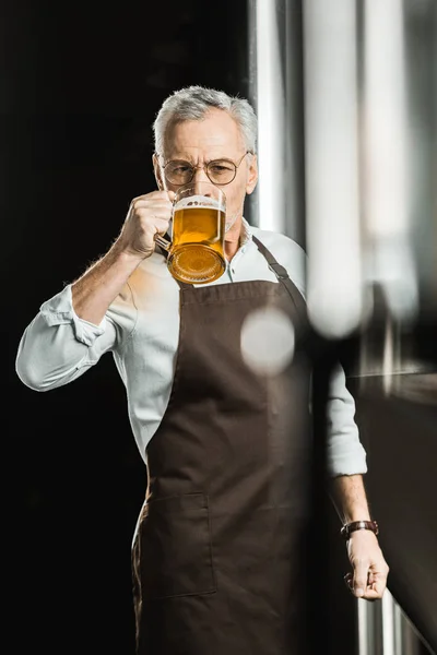 Senior male brewer drinking beer from glass in brewery — Stock Photo