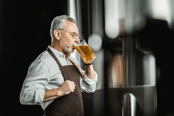 Senior male brewer drinking and testing beer in brewery — Stock Photo