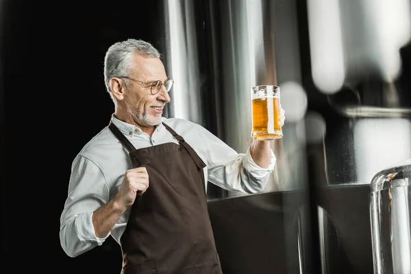 Cervecero macho senior mirando un vaso de cerveza en la cervecería - foto de stock