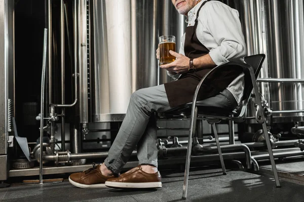 Vista ritagliata del birraio senior in grembiule testare la birra in birreria — Foto stock