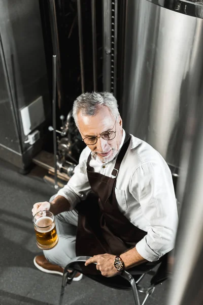 Blick von oben auf den hübschen Brauer in der Schürze, der ein Glas Bier in der Brauerei hält — Stockfoto