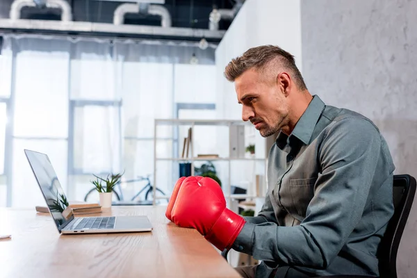 Handsome businessman watching championship on laptop while wearing boxing gloves in office — Stock Photo