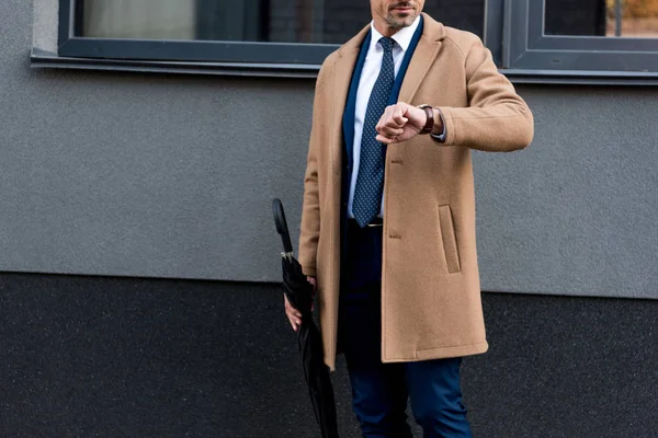 Обрезанный вид бизнесмена, смотрящего на часы и держащего зонтик — стоковое фото