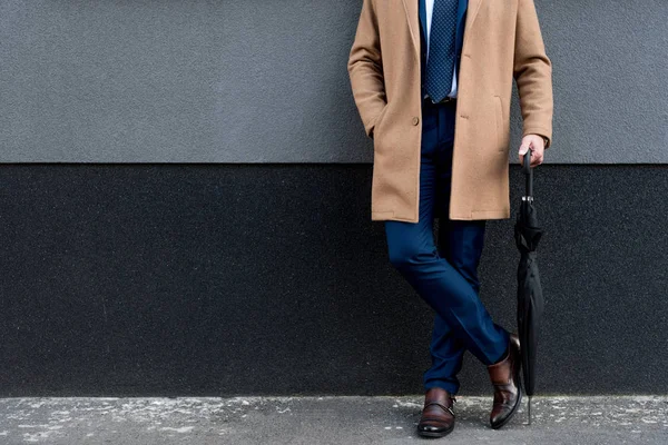 Обрезанный вид бизнесмена, держащего зонтик и стоящего с рукой в кармане — стоковое фото