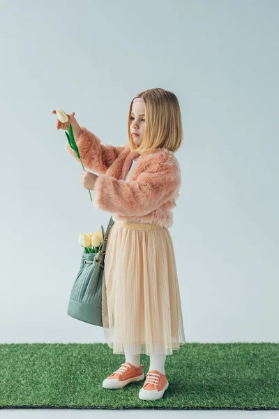 Garoto bonito com saco segurando tulipa branca isolada no cinza — Fotografia de Stock