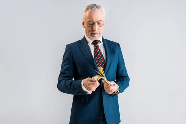 Зрілий бізнесмен в окулярах і костюм тримає доларові банкноти ізольовані на сірому — стокове фото