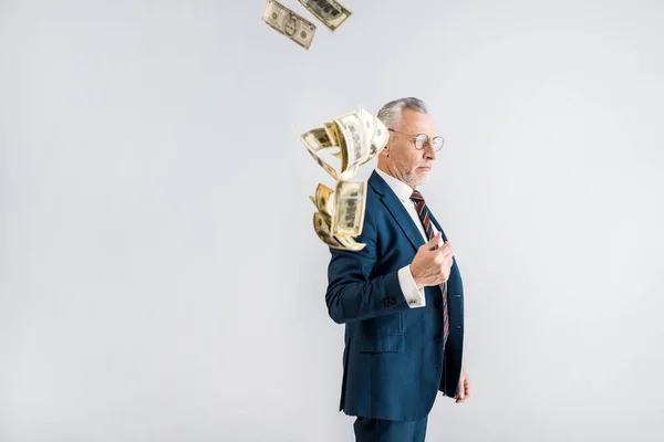 Handsome mature businessman in glasses and formal wear throwing in air dollar banknotes isolated on grey — Stock Photo