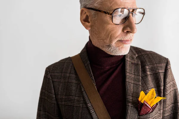 Mann mittleren Alters mit Brille steht isoliert auf grau — Stockfoto