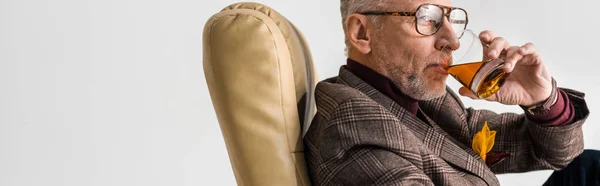 Plan panoramique de l'homme mature assis dans un fauteuil et buvant du whisky isolé sur gris — Photo de stock