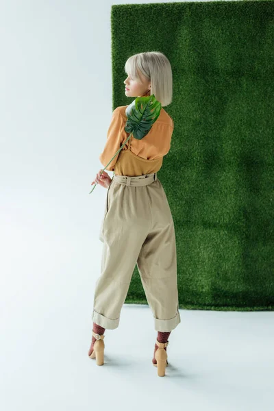 Hermosa chica de moda posando con hoja de monstera sobre blanco con hierba verde - foto de stock