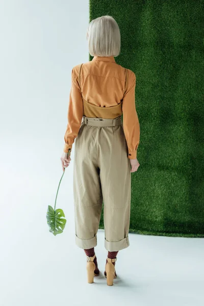 Vue arrière de la fille élégante posant avec feuille de monstère sur blanc avec herbe verte — Photo de stock