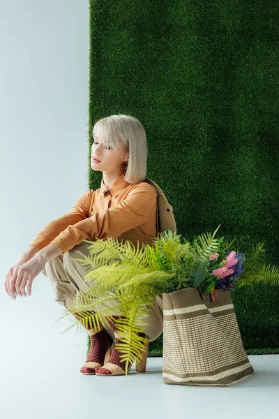 Красива стильна дівчина позує біля сумки з папороті і квітами на білому з зеленою травою — стокове фото