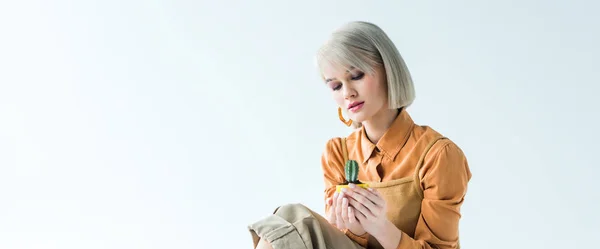 Панорамний знімок красивої стильної блондинки, що тримає рослину кактуса, ізольовано на білому з місцем для тексту — стокове фото
