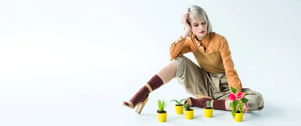 Panoramic shot of beautiful stylish girl posing with flower pots isolated on white with copy space — Stock Photo