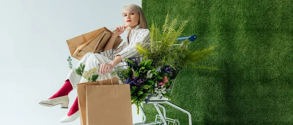 Panoramic shot of stylish girl sitting in cart with fern, flowers and shopping bags on white with green grass — Stock Photo