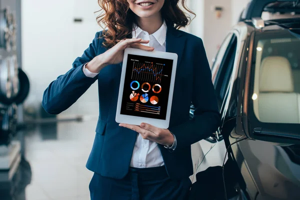 Partial view of businesswoman holding digital tablet with graphs and charts on screen — Stock Photo