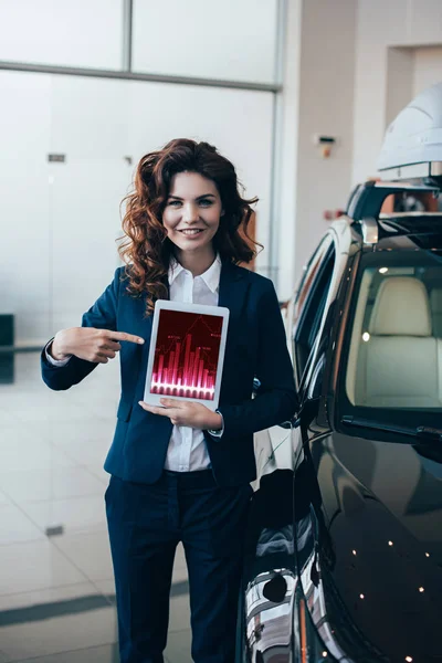 Mujer de negocios sonriente apuntando con el dedo a la tableta digital con aplicación de comercio en la pantalla y mirando a la cámara - foto de stock