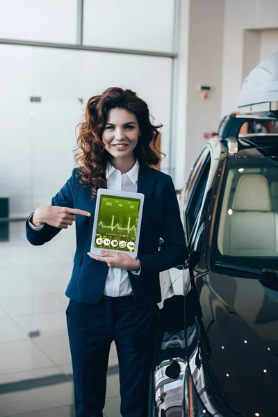 Alegre empresaria apuntando con el dedo a la tableta digital con ritmo cardíaco en la pantalla - foto de stock