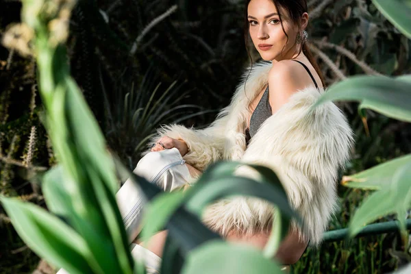 Mujer joven atractiva en abrigo de piel sintética blanca y ropa interior cerca de plantas en jardín botánico - foto de stock