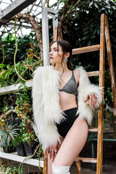 Sexy pensive girl in faux fur coat and underwear standing near wooden ladder in orangery — Stock Photo