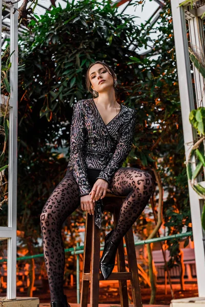 Tiefansicht einer sexy nachdenklichen Frau in schwarzen Strumpfhosen, die auf einem Stuhl in der Orangerie sitzt — Stockfoto