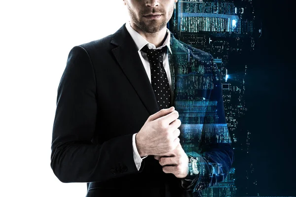 Double exposure of businessman in formal wear and silhouette of night city buildings isolated on white — Stock Photo