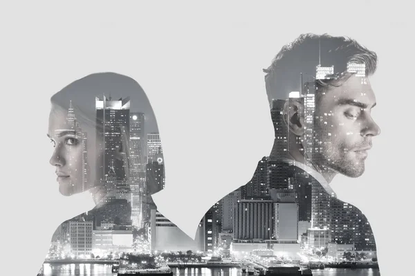 Double exposure of handsome man and pretty woman and new york evening cityscape — Stock Photo