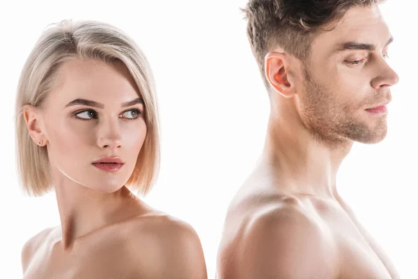 Schöne nackte blonde Frau und hemdslose gutaussehende Mann isoliert auf weiß — Stockfoto