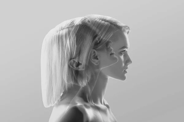Multiple exposure of beautiful blonde woman profile on grey — Stock Photo