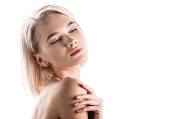 Sensuale, bella, donna bionda nuda isolata sul bianco — Foto stock