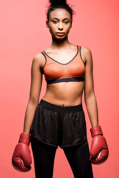 Bela esportista afro-americana em luvas de boxe olhando para a câmera e posando isolado em coral — Fotografia de Stock