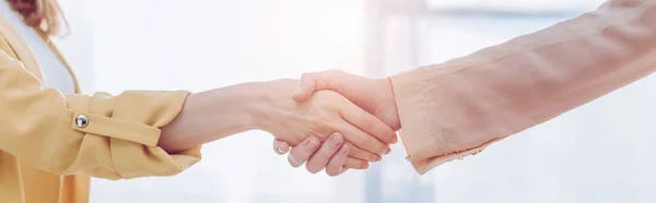 Panoramic shot of employee and female recruiter shaking hands in office — Stock Photo