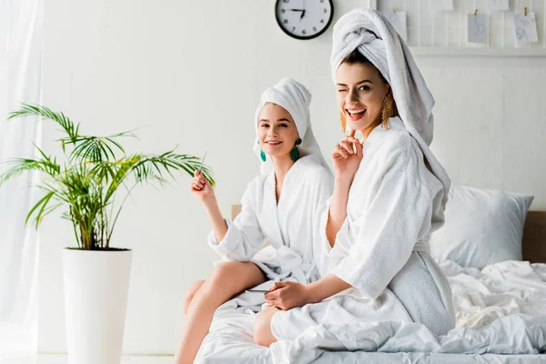 Feliz guiño mujeres con estilo en batas de baño y joyas, con toallas en la cabeza sentado en la cama con limas de uñas cerca de la planta verde y mirando a la cámara - foto de stock