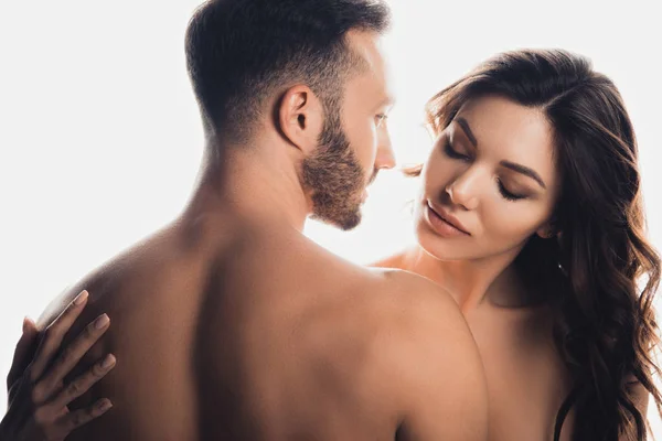 Couple amoureux nu embrassant isolé sur blanc — Photo de stock