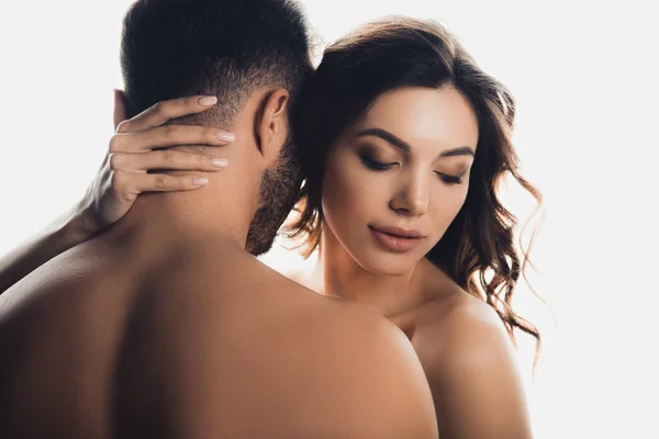 Naked loving couple embracing isolated on white — Stock Photo